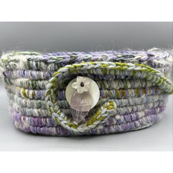 Handmade Wool Basket Purple Green Whimsical Cottage 10 x 5.5 Storage Decor - Picture 1 of 7